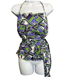 Bebe Halter Top Womens‎ M Purple Green Silk Geometric Abstract Y2K Bold Abstract